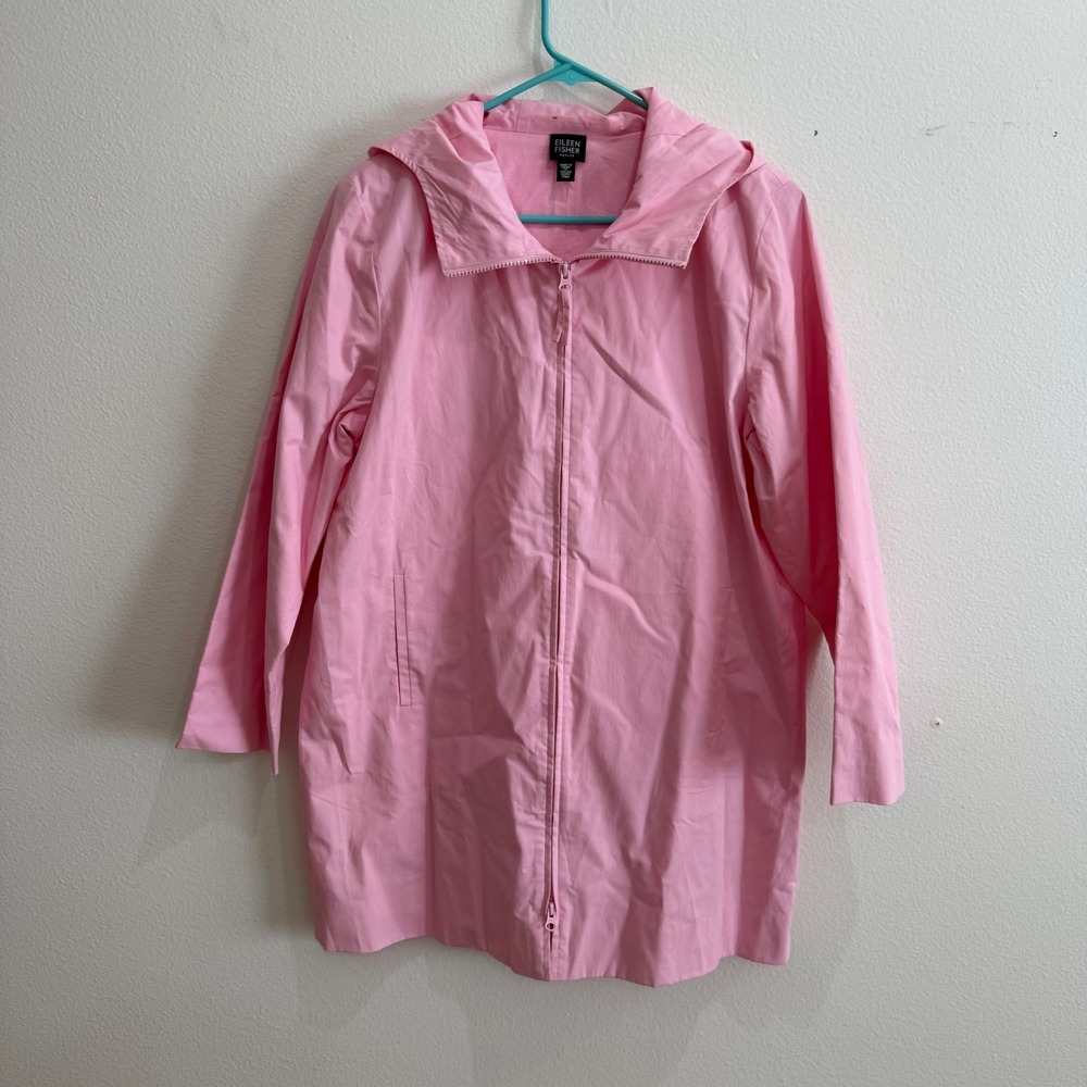 Eileen Fisher Pink Italian Cotton Hooded Zip Up Jacket Coat Petite Medium PM